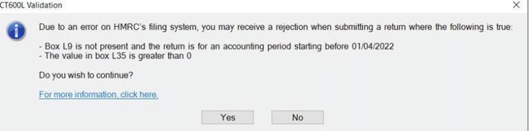 Business Tax: CT600L Validation Box L9 is not present. Value in Box L35